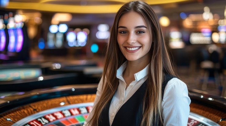 Studio Sic Bo bardi4d dengan dealer profesional dan tiga dadu di meja gaming